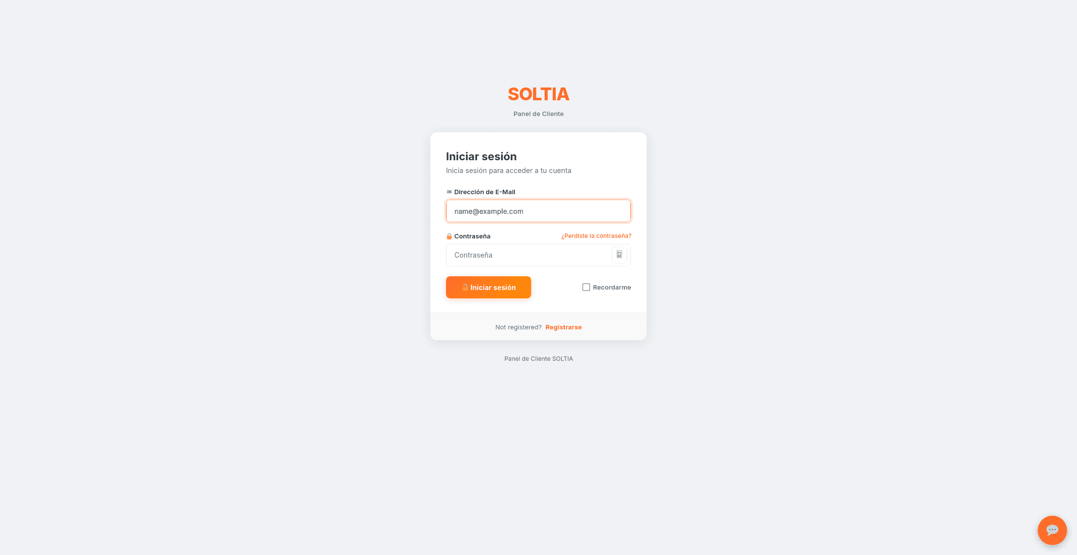 Pantalla de acceso al panel de clientes SOLTIA