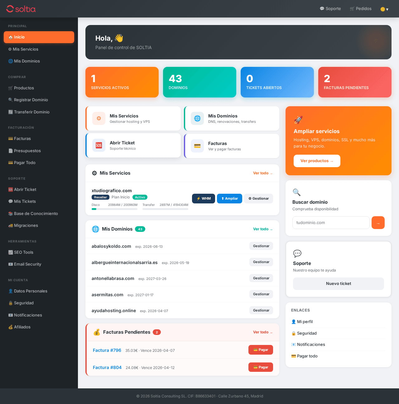 Panel principal del área de clientes SOLTIA