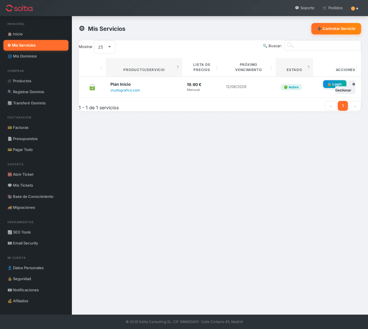 Gestión de servicios en el área de clientes SOLTIA
