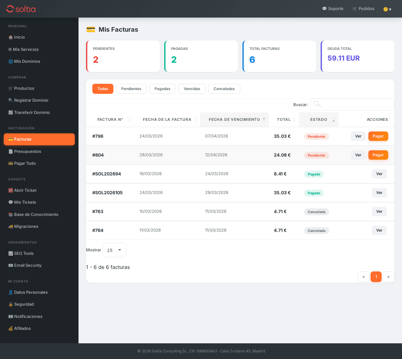 Sección de facturación en el área de clientes SOLTIA