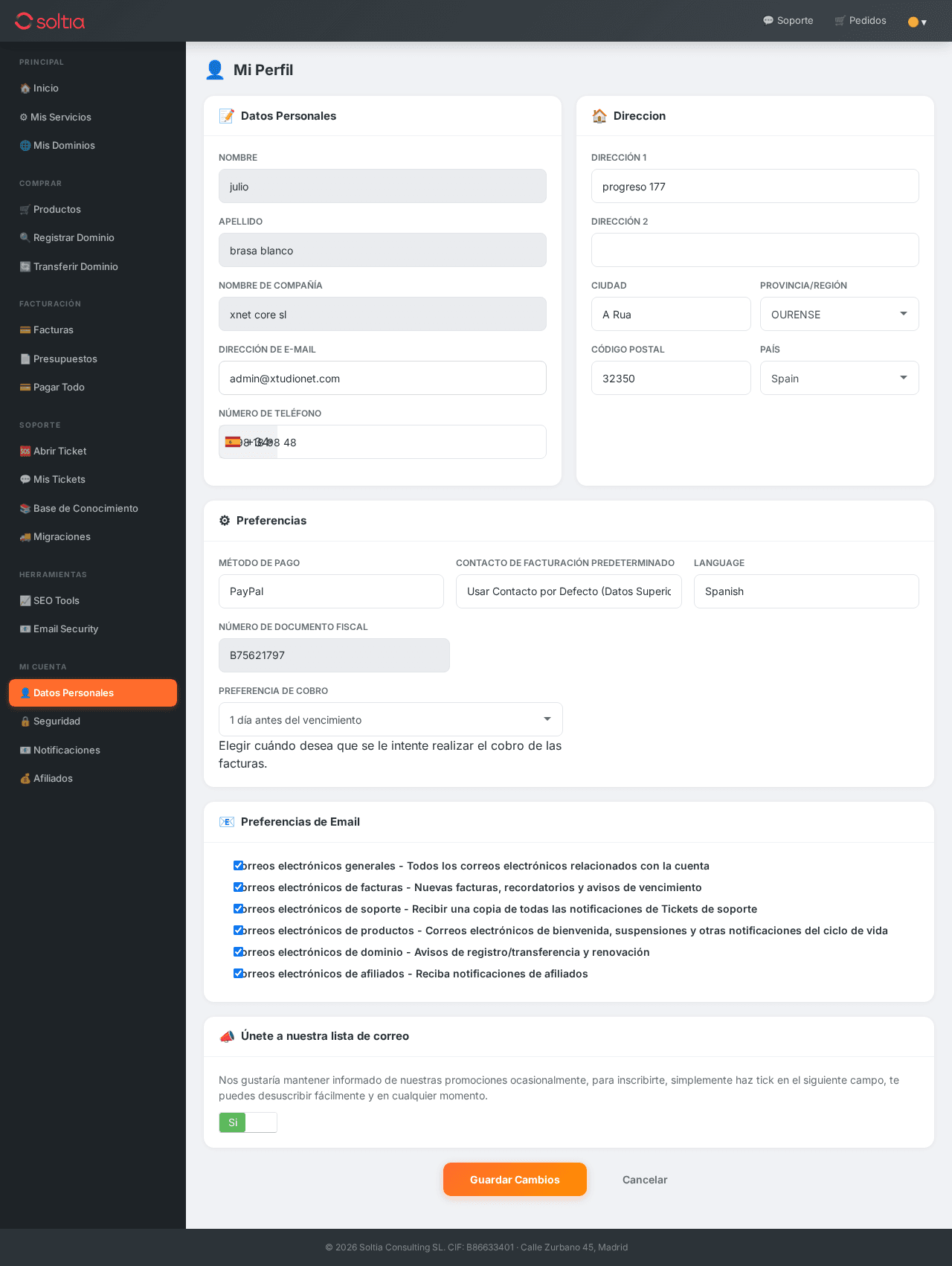 Actualizar datos personales en SOLTIA